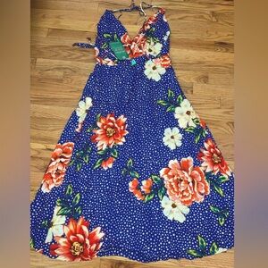 FARM Rio fab backless wrap dress! Blue stars red white flowers. Anthro midi